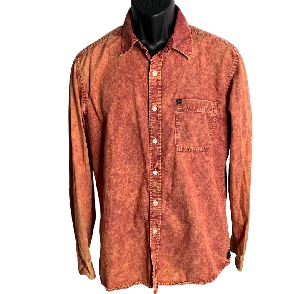 Quiksilver Button Up Long Sleeve Shirt S Red Acid Wash Pocket Collar Cotton